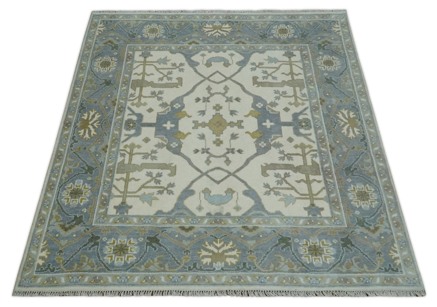 Hand Knotted Oriental Oushak Ivory, Charcoal and Beige Wool Area Rug - The Rug Decor