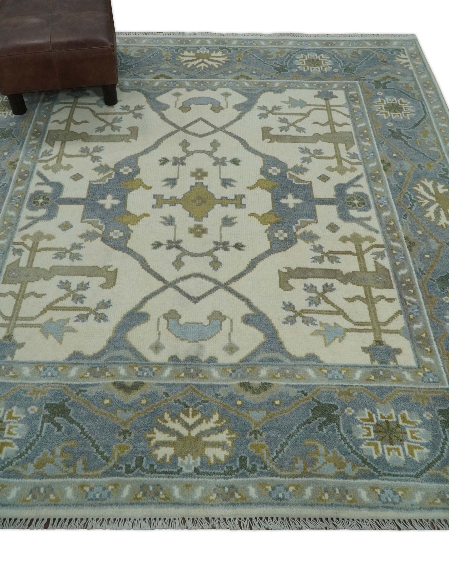 Hand Knotted Oriental Oushak Ivory, Charcoal and Beige Wool Area Rug - The Rug Decor