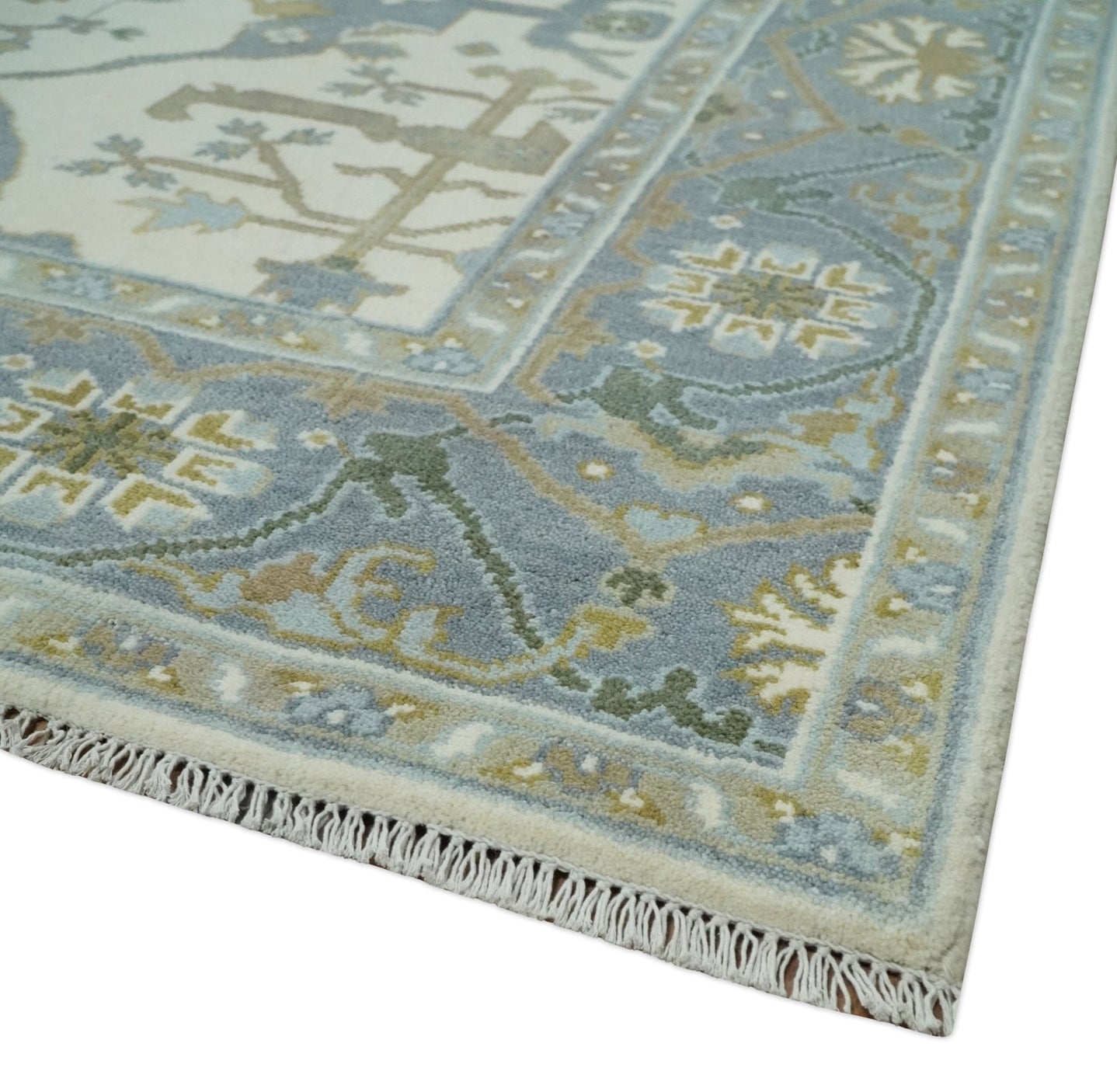 Hand Knotted Oriental Oushak Ivory, Charcoal and Beige Wool Area Rug - The Rug Decor