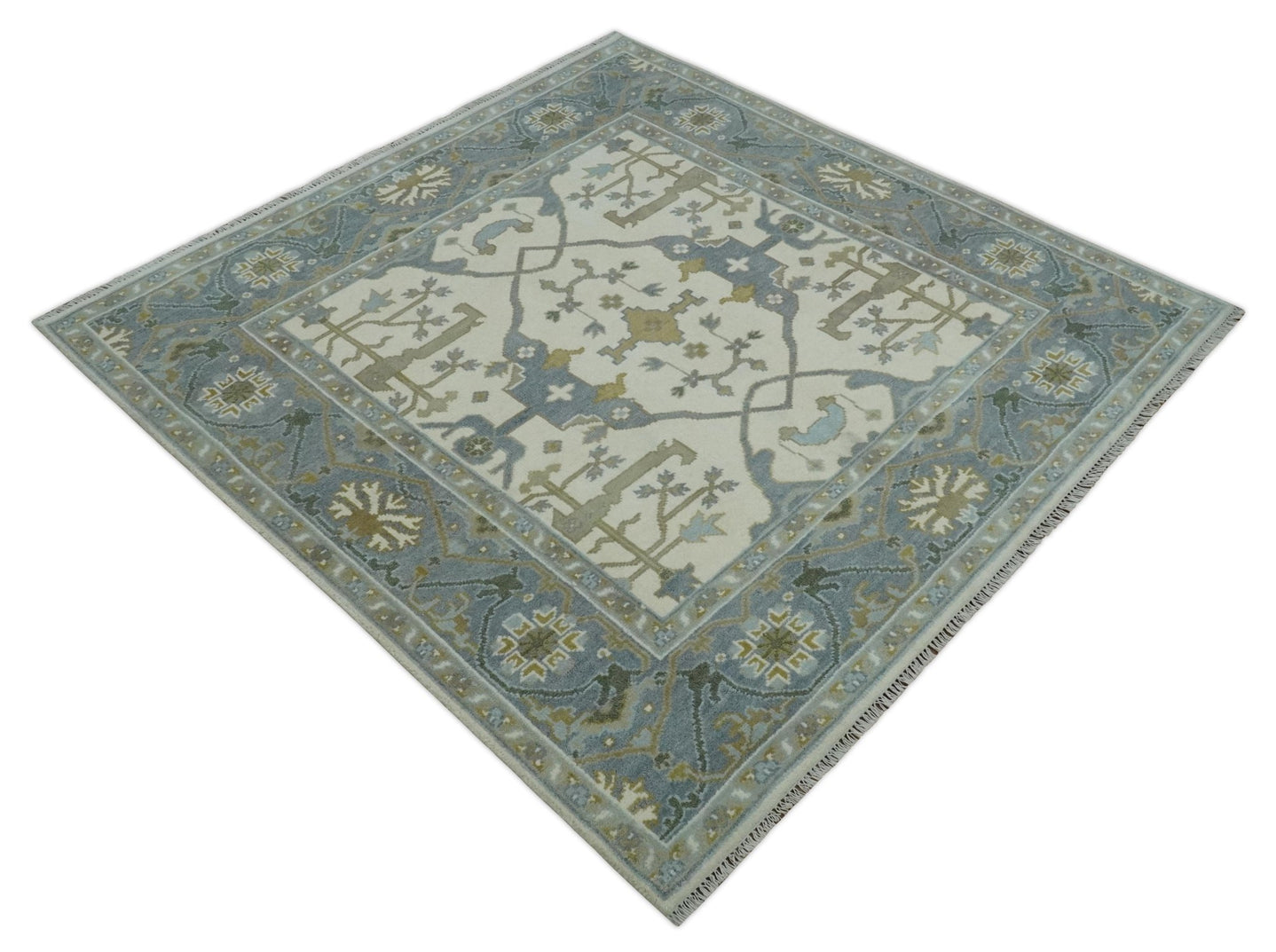 Hand Knotted Oriental Oushak Ivory, Charcoal and Beige Wool Area Rug - The Rug Decor