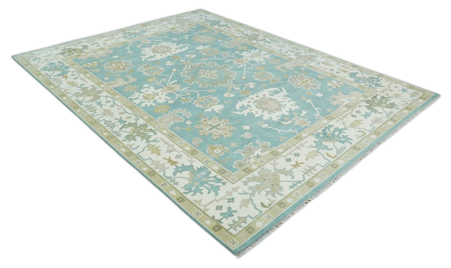Hand Knotted Oriental Oushak Teal, Ivory and Beige Wool Area Rug - The Rug Decor