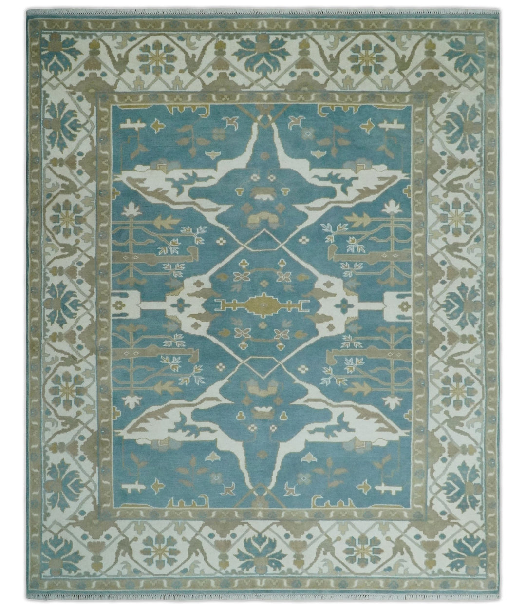 Hand Knotted Oriental Oushak Teal, Ivory and Beige Wool Area Rug - The Rug Decor