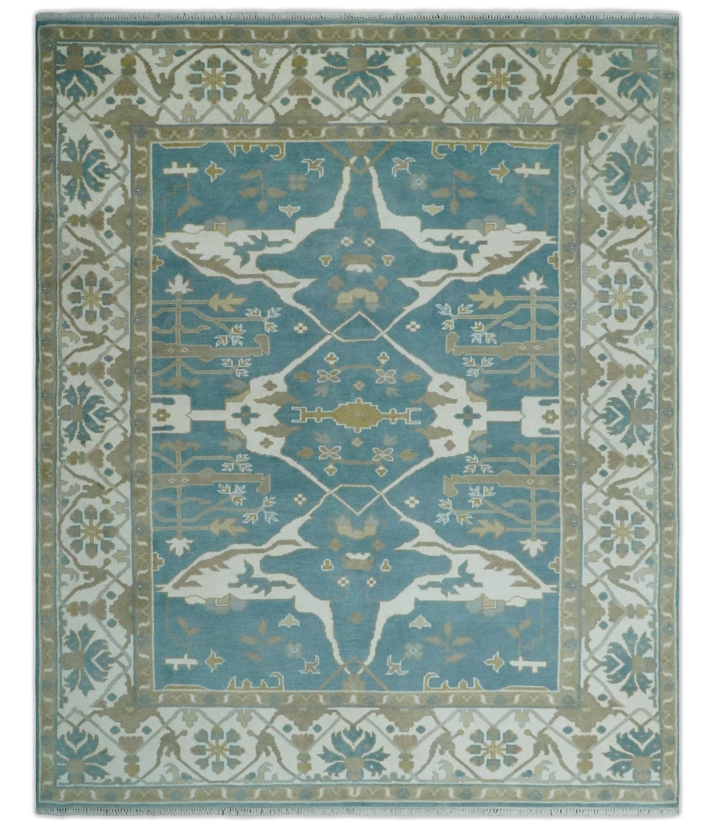 Hand Knotted Oriental Oushak Teal, Ivory and Beige Wool Area Rug - The Rug Decor