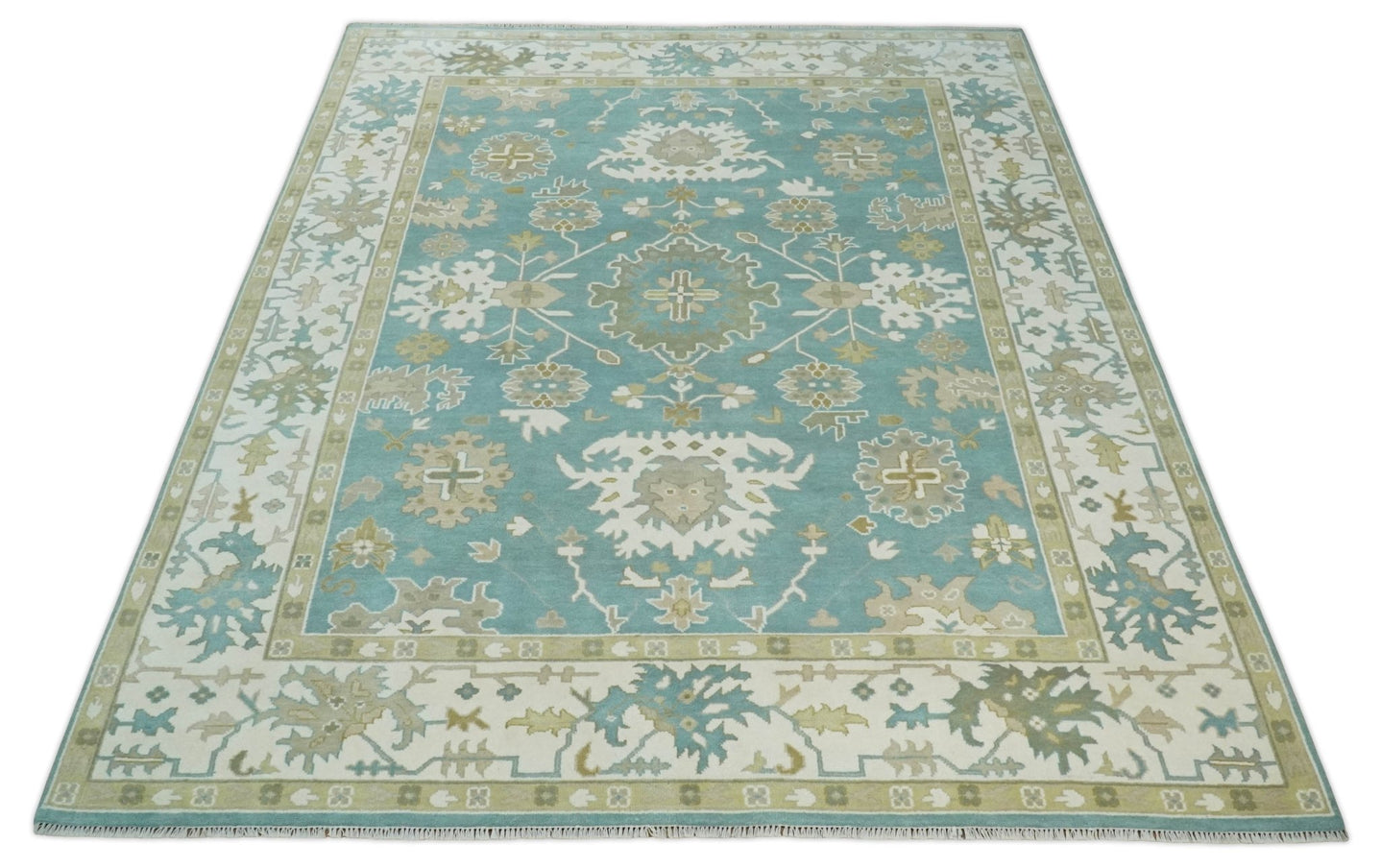 Hand Knotted Oriental Oushak Teal, Ivory and Beige Wool Area Rug - The Rug Decor