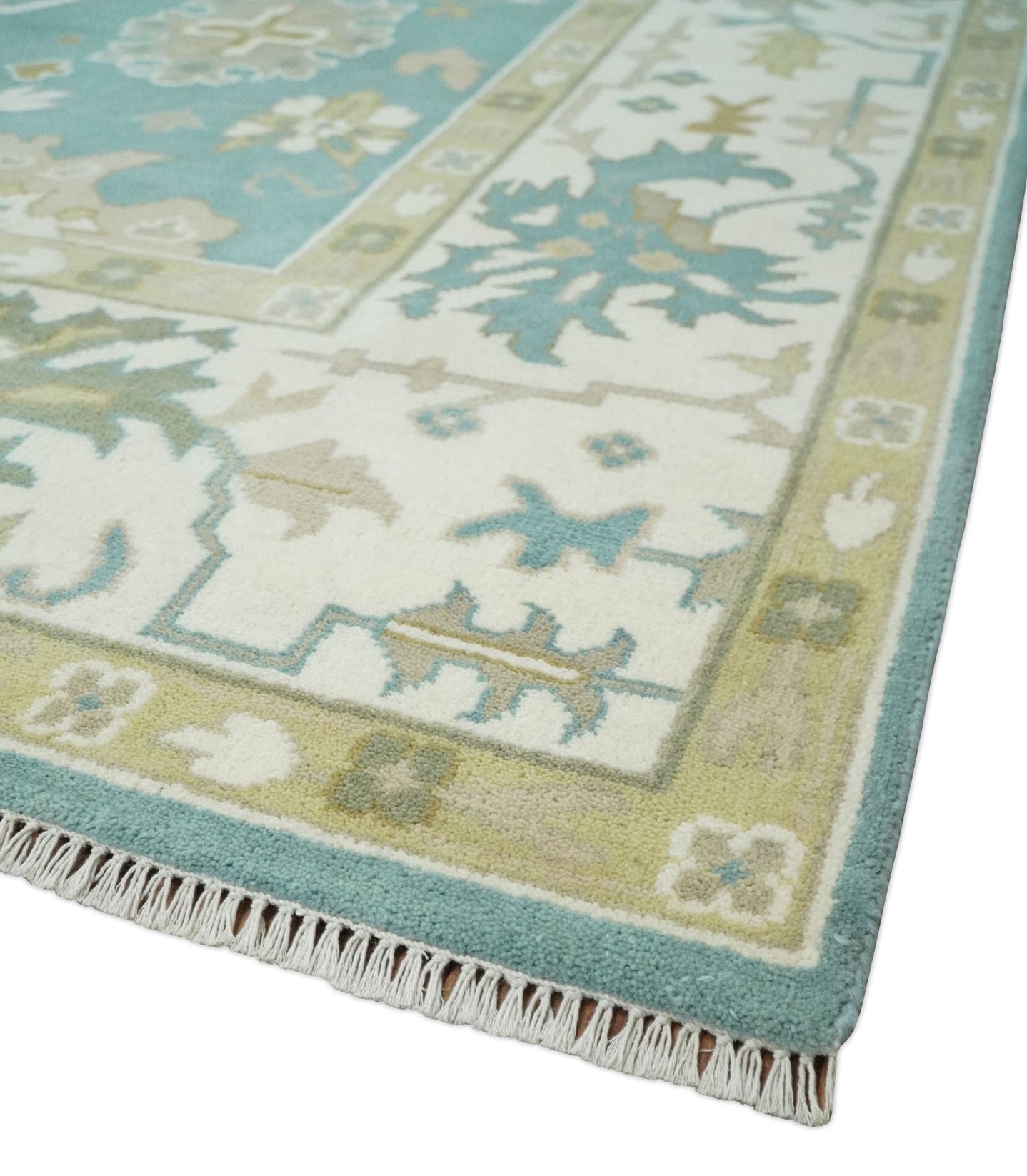 Hand Knotted Oriental Oushak Teal, Ivory and Beige Wool Area Rug - The Rug Decor