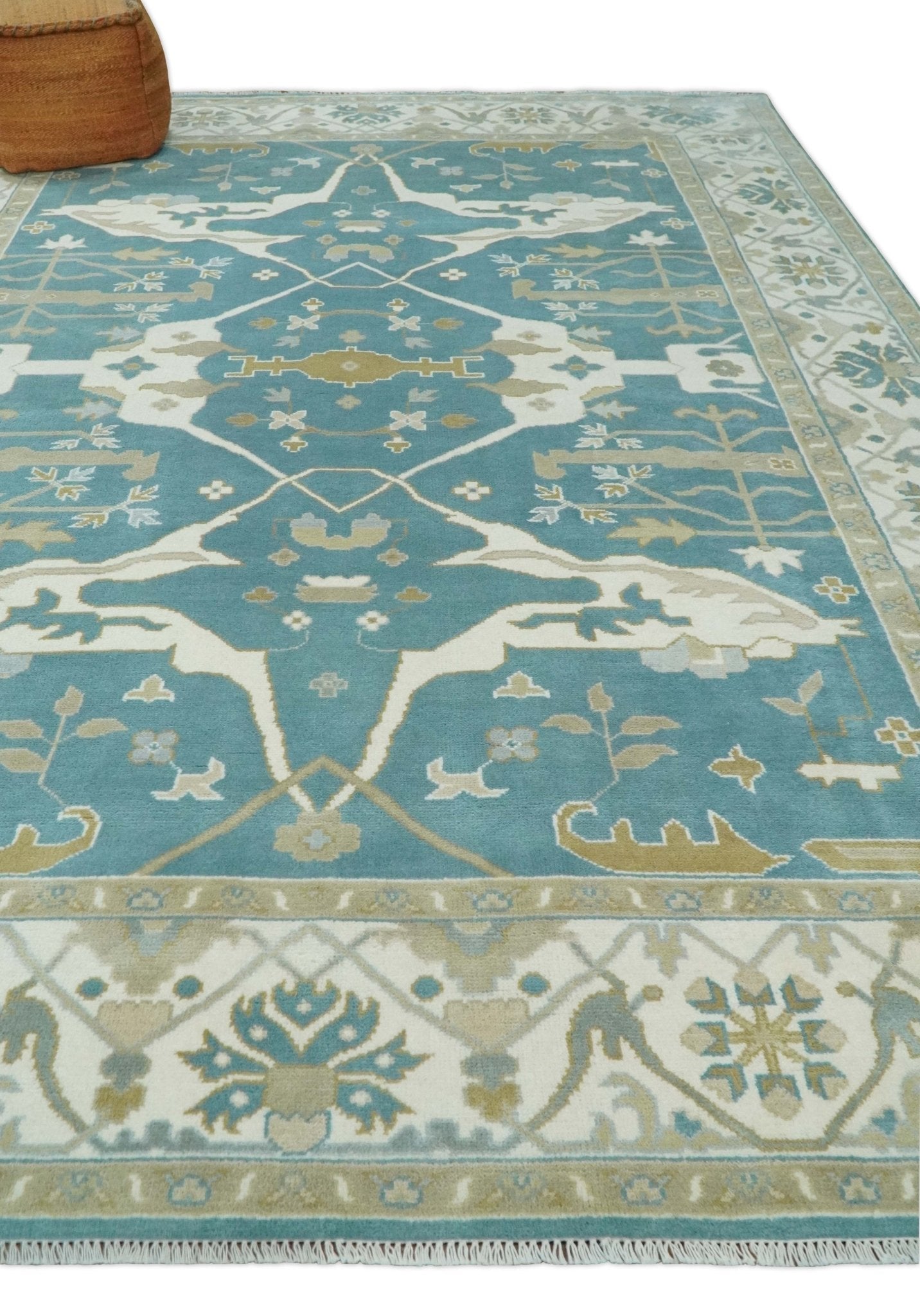 Hand Knotted Oriental Oushak Teal, Ivory and Beige Wool Area Rug - The Rug Decor