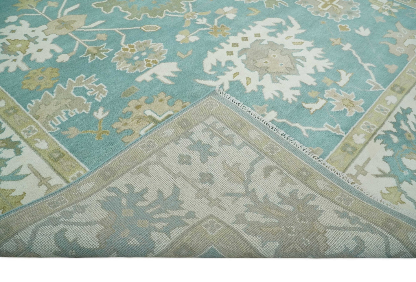 Hand Knotted Oriental Oushak Teal, Ivory and Beige Wool Area Rug - The Rug Decor