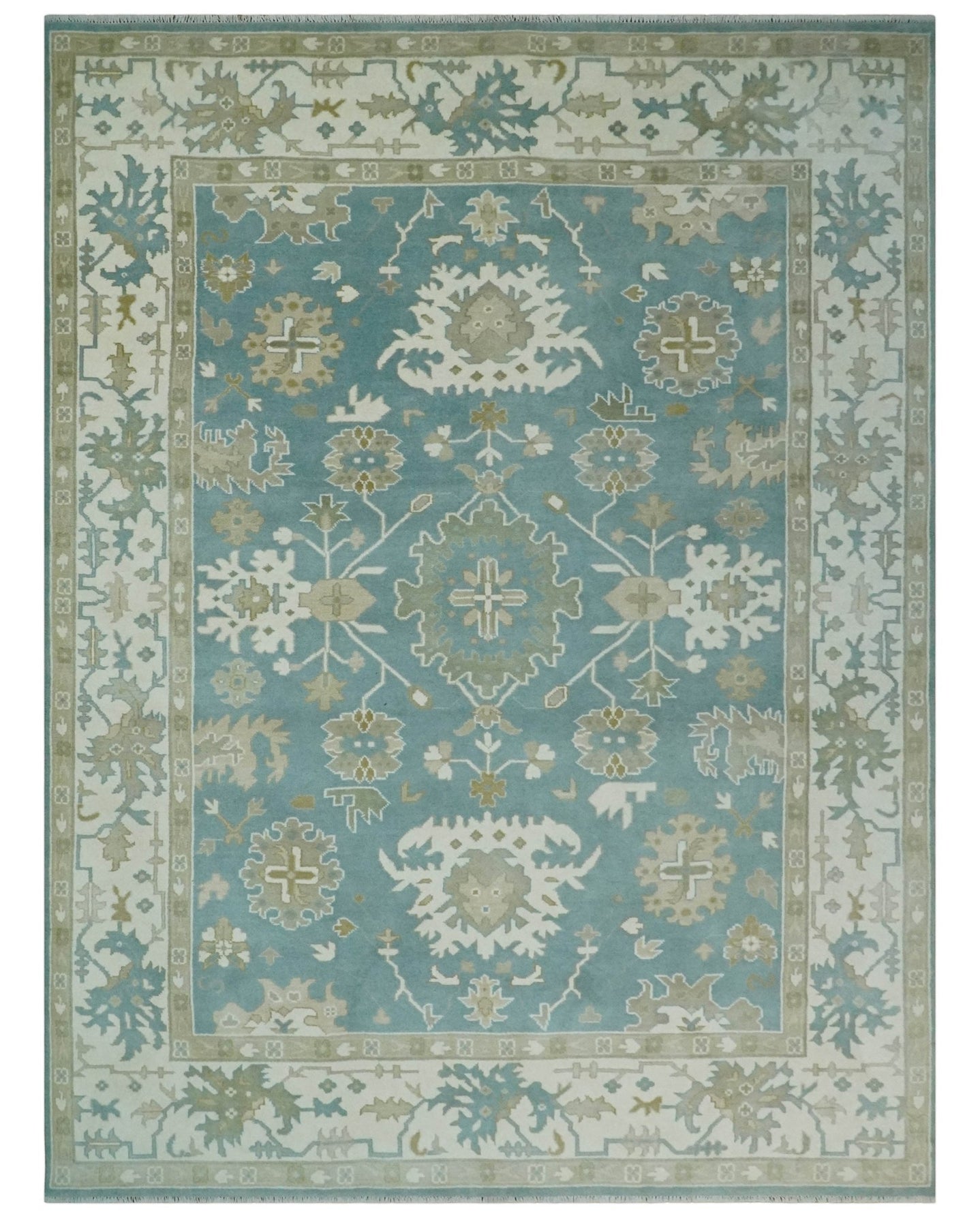 Hand Knotted Oriental Oushak Teal, Ivory and Beige Wool Area Rug - The Rug Decor