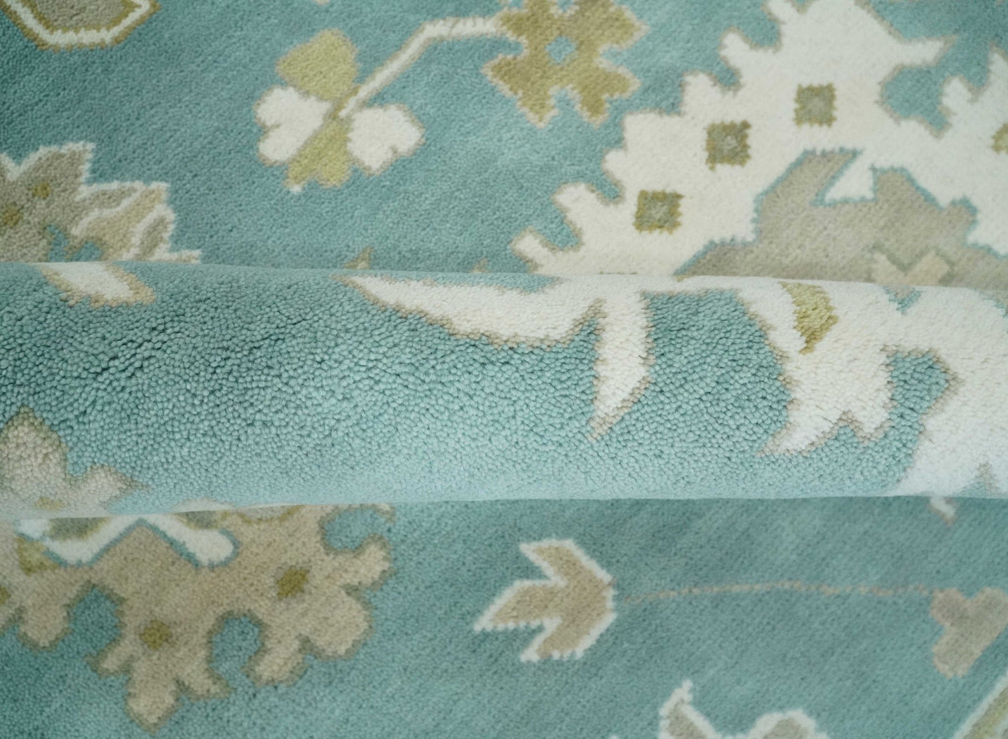 Hand Knotted Oriental Oushak Teal, Ivory and Beige Wool Area Rug - The Rug Decor