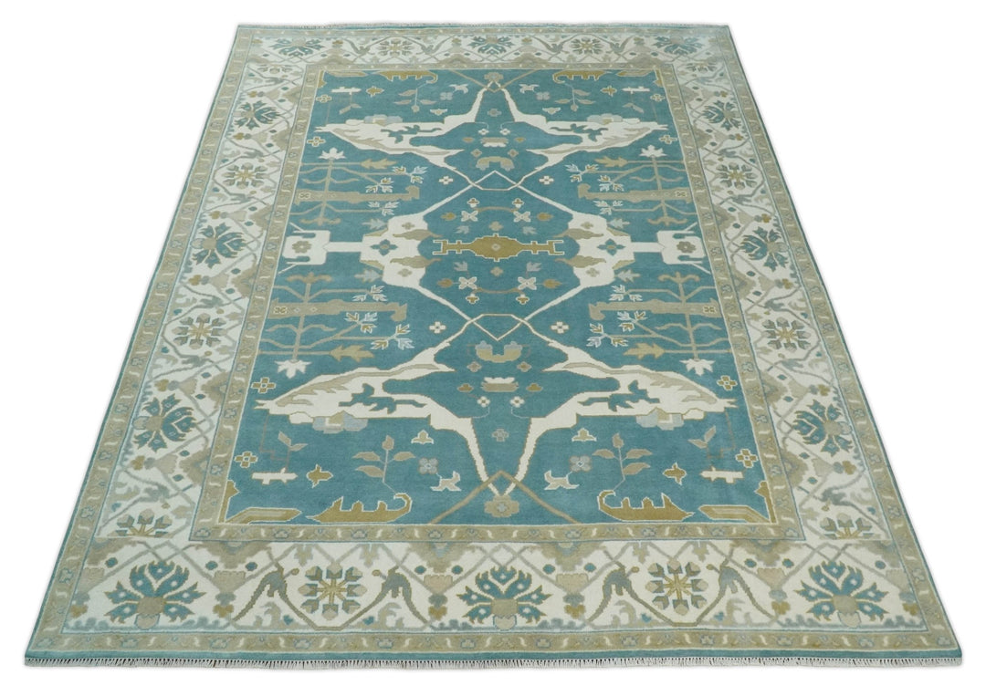 Hand Knotted Oriental Oushak Teal, Ivory and Beige Wool Area Rug - The Rug Decor
