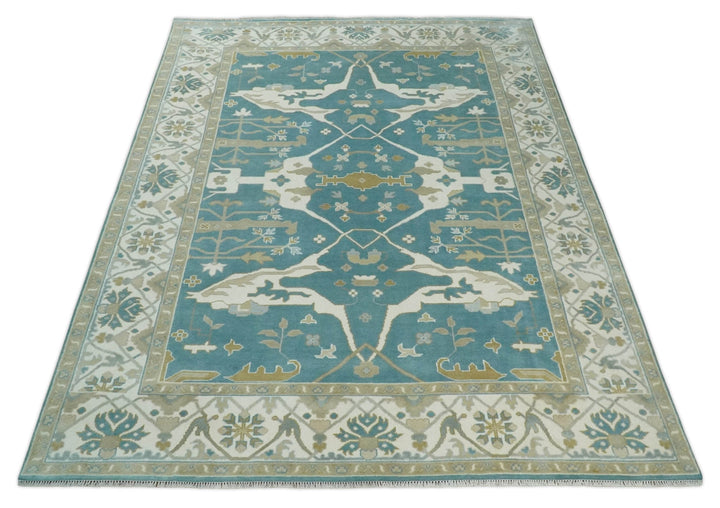 Hand Knotted Oriental Oushak Teal, Ivory and Beige Wool Area Rug - The Rug Decor
