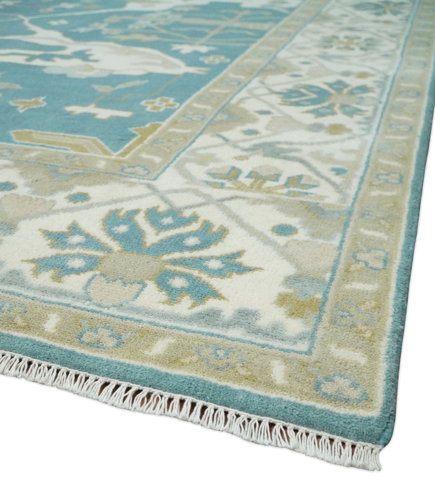 Hand Knotted Oriental Oushak Teal, Ivory and Beige Wool Area Rug - The Rug Decor