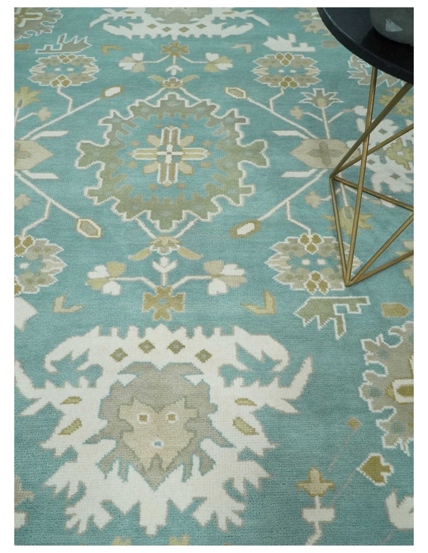Hand Knotted Oriental Oushak Teal, Ivory and Beige Wool Area Rug - The Rug Decor