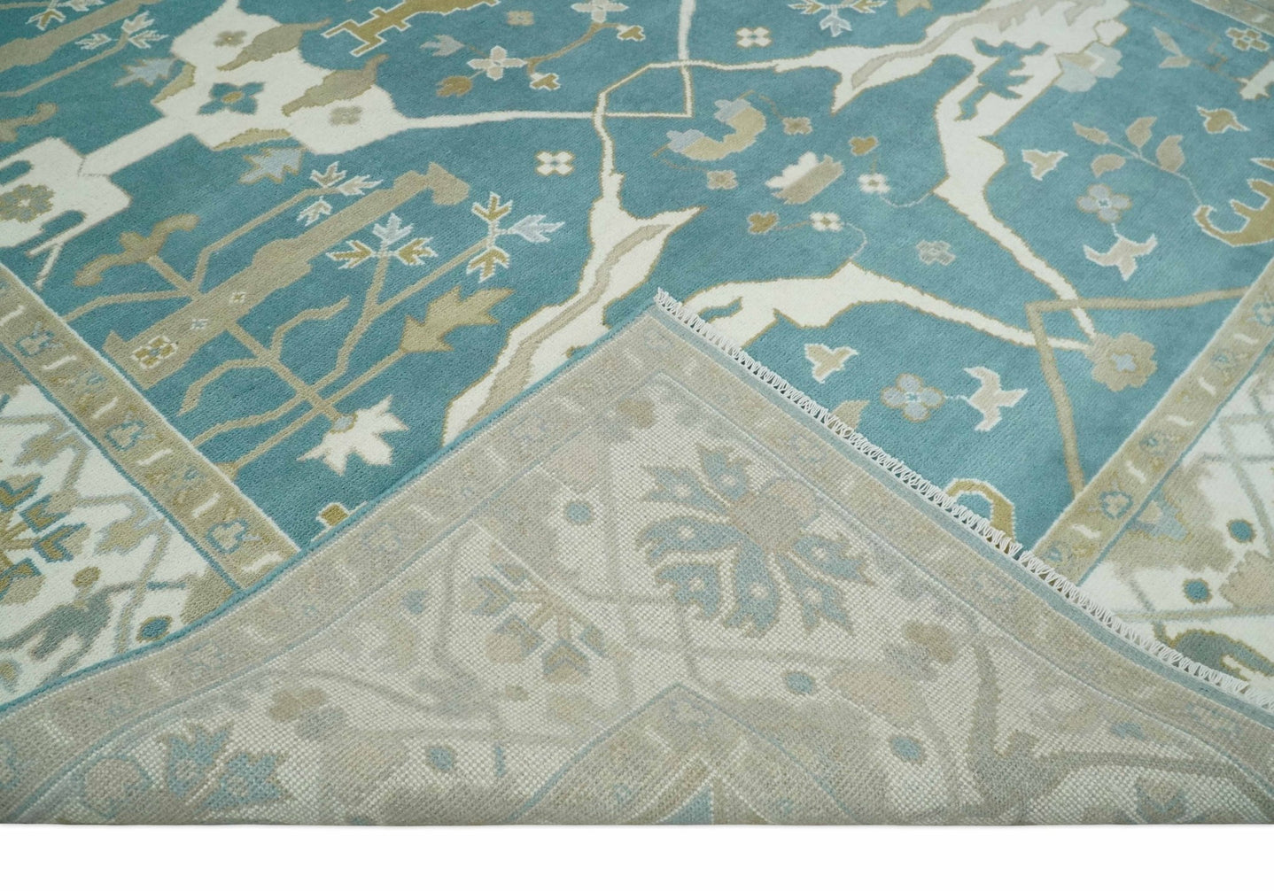 Hand Knotted Oriental Oushak Teal, Ivory and Beige Wool Area Rug - The Rug Decor