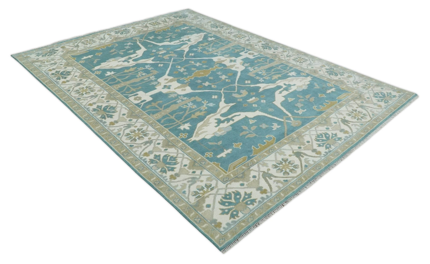 Hand Knotted Oriental Oushak Teal, Ivory and Beige Wool Area Rug - The Rug Decor