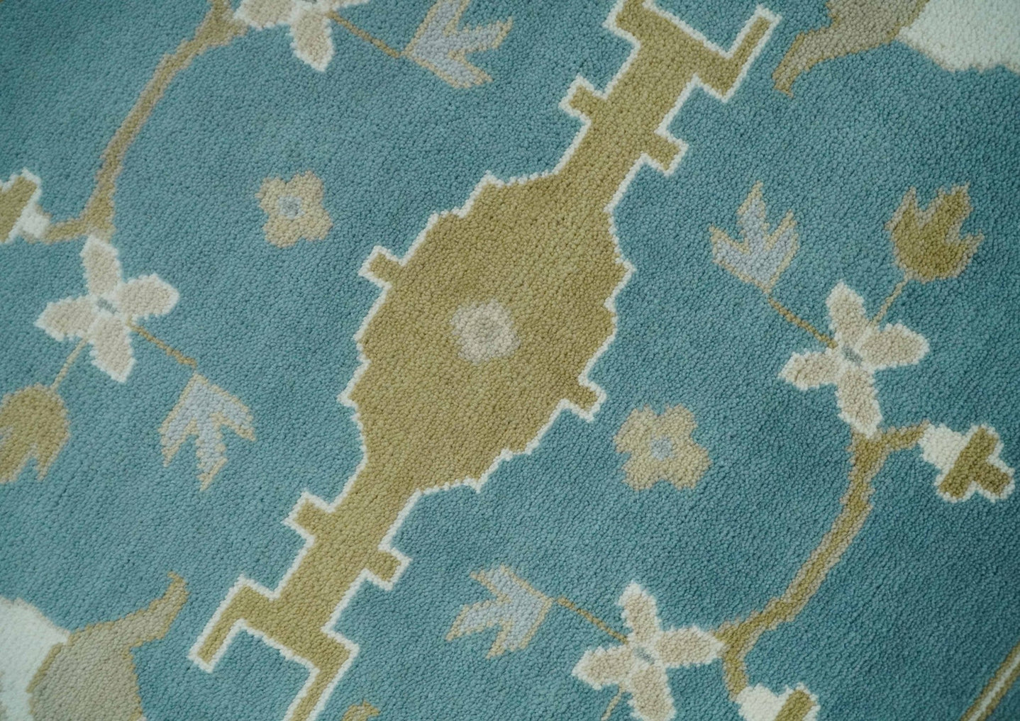 Hand Knotted Oriental Oushak Teal, Ivory and Beige Wool Area Rug - The Rug Decor