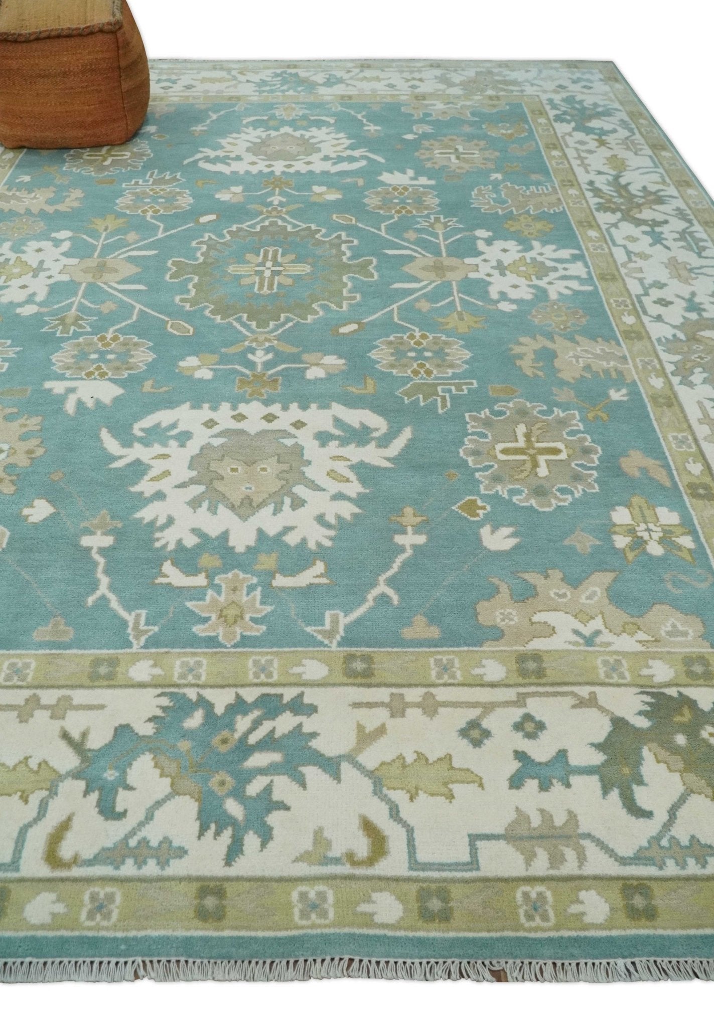 Hand Knotted Oriental Oushak Teal, Ivory and Beige Wool Area Rug - The Rug Decor