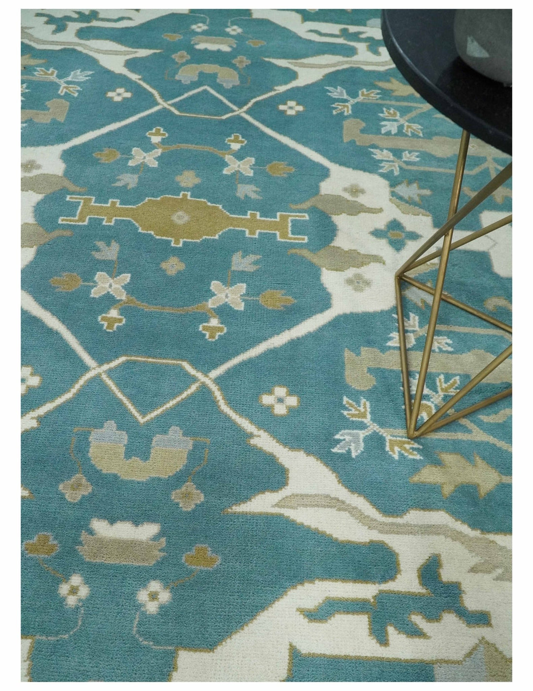Hand Knotted Oriental Oushak Teal, Ivory and Beige Wool Area Rug - The Rug Decor