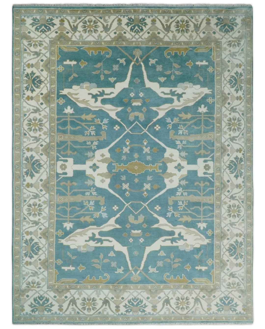 Hand Knotted Oriental Oushak Teal, Ivory and Beige Wool Area Rug - The Rug Decor
