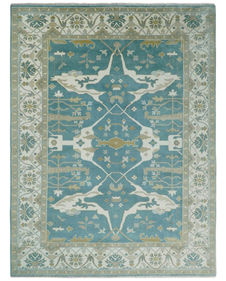 Hand Knotted Oriental Oushak Teal, Ivory and Beige Wool Area Rug - The Rug Decor