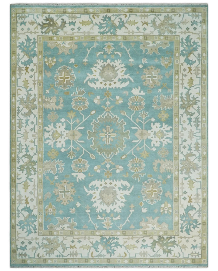 Hand Knotted Oriental Oushak Teal, Ivory and Beige Wool Area Rug - The Rug Decor