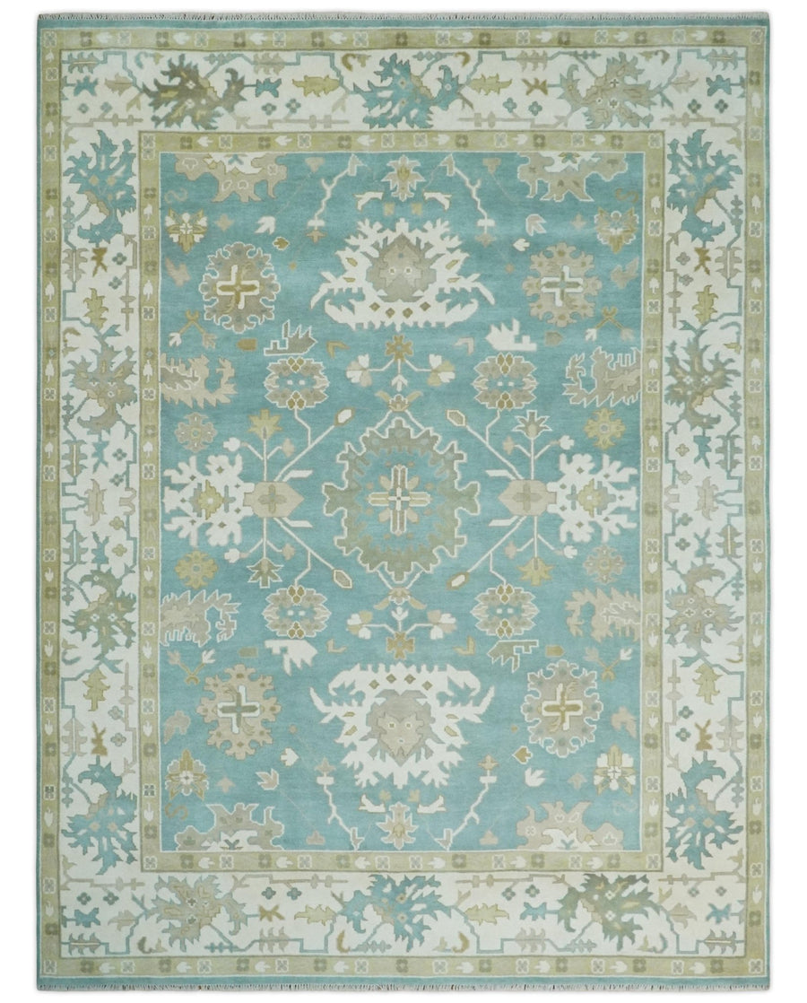 Hand Knotted Oriental Oushak Teal, Ivory and Beige Wool Area Rug - The Rug Decor