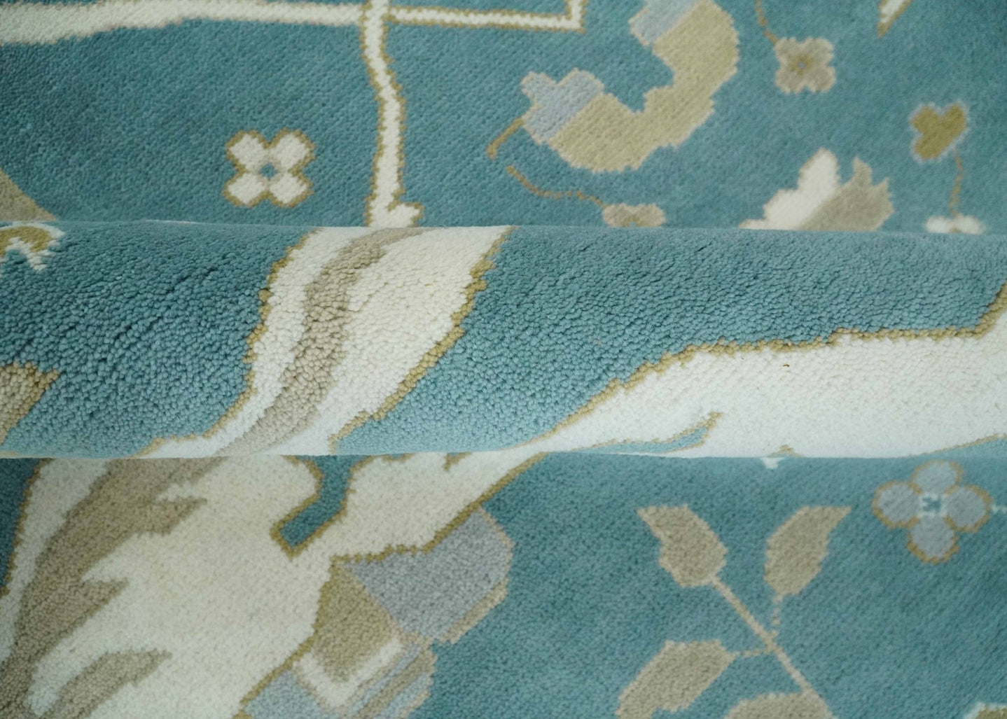 Hand Knotted Oriental Oushak Teal, Ivory and Beige Wool Area Rug - The Rug Decor