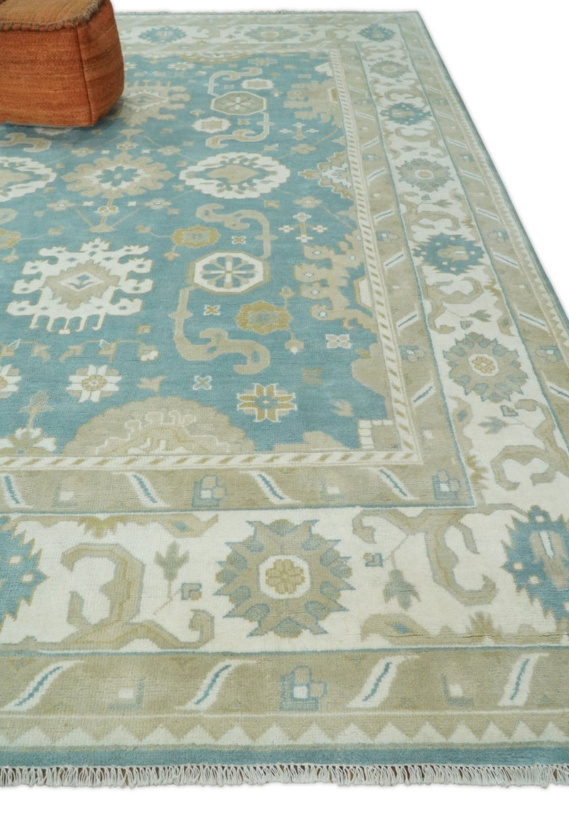 Hand Knotted Persian Oushak 10x14 Blue and Beige Large Wool Area Rug | TRDCP73B1014 - The Rug Decor