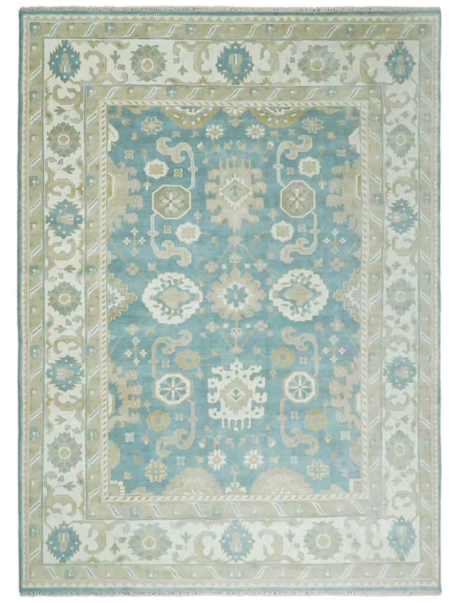 Hand Knotted Persian Oushak 10x14 Blue and Beige Large Wool Area Rug | TRDCP73B1014 - The Rug Decor