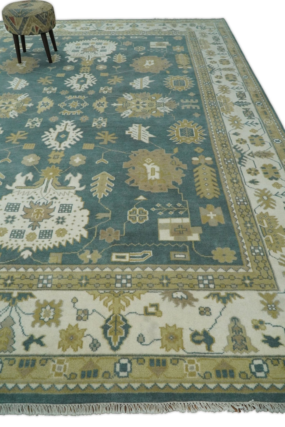Hand Knotted Persian Oushak 10x14 Blue and Ivory Large Wool Area Rug | TRDCP2091014 - The Rug Decor