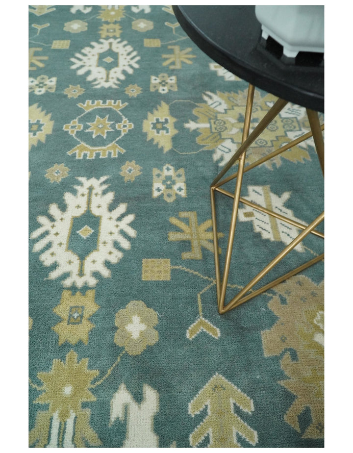 Hand Knotted Persian Oushak 10x14 Blue and Ivory Large Wool Area Rug | TRDCP2091014 - The Rug Decor