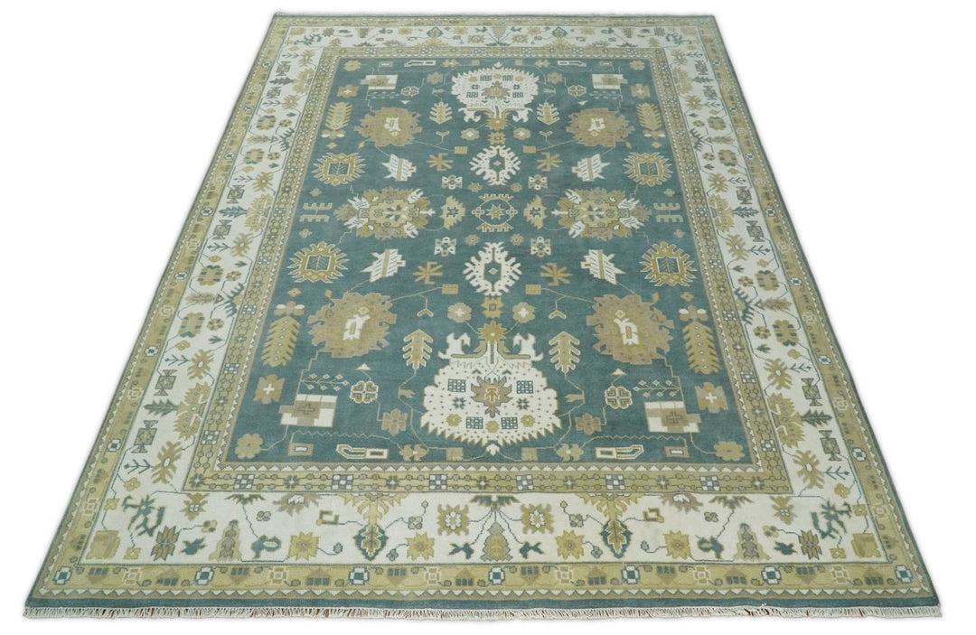 Hand Knotted Persian Oushak 10x14 Blue and Ivory Large Wool Area Rug | TRDCP2091014 - The Rug Decor