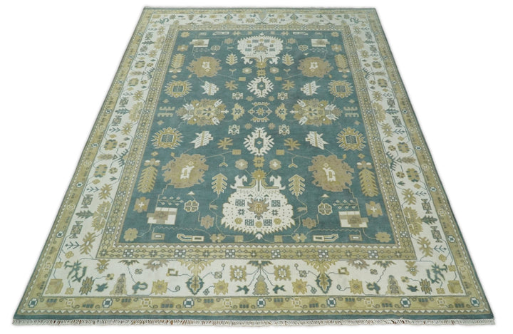 Hand Knotted Persian Oushak 10x14 Blue and Ivory Large Wool Area Rug | TRDCP2091014 - The Rug Decor