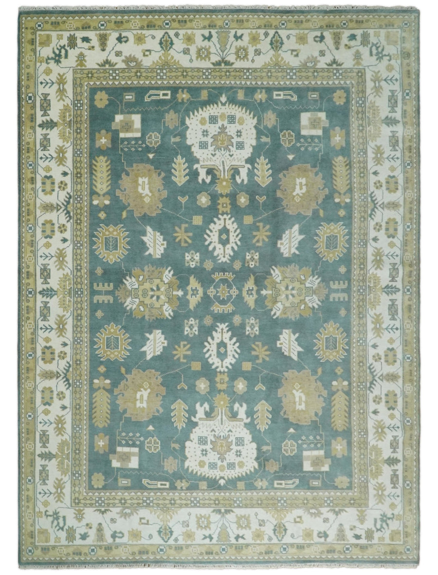 Hand Knotted Persian Oushak 10x14 Blue and Ivory Large Wool Area Rug | TRDCP2091014 - The Rug Decor