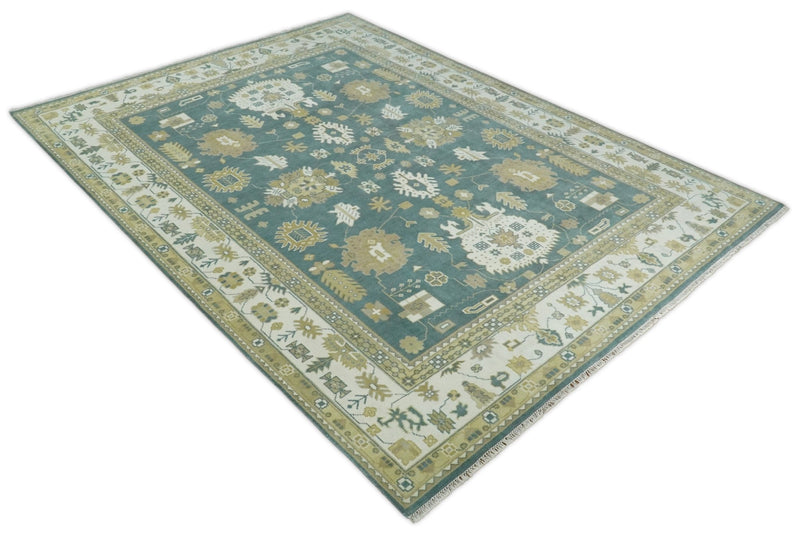 Hand Knotted Persian Oushak 10x14 Blue and Ivory Large Wool Area Rug | TRDCP2091014 - The Rug Decor