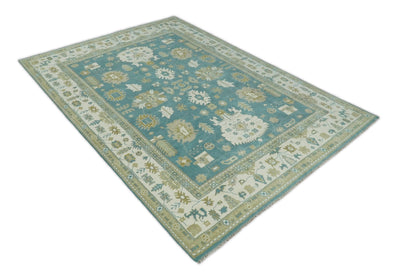 Hand Knotted Persian Oushak 10x14 Blue and Ivory Large Wool Area Rug | TRDCP2111014 - The Rug Decor
