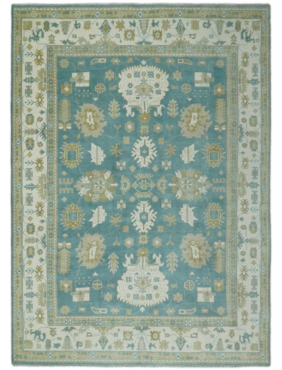 Hand Knotted Persian Oushak 10x14 Blue and Ivory Large Wool Area Rug | TRDCP2111014 - The Rug Decor