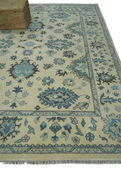 Hand Knotted Persian Oushak 8x10 Beige and Blue Large Wool Area Rug | TRDCP226810 - The Rug Decor