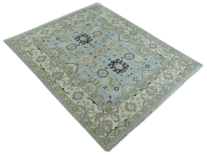 Hand Knotted Persian Oushak 8x10 Blue and Beige Antique Large Wool Area Rug | TRDCP236810 - The Rug Decor