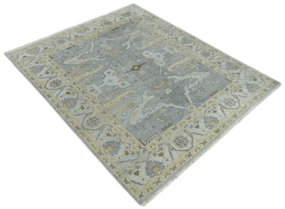 Hand Knotted Persian Oushak 8x10 Blue and Beige Large Wool Area Rug | TRDCP214810 - The Rug Decor