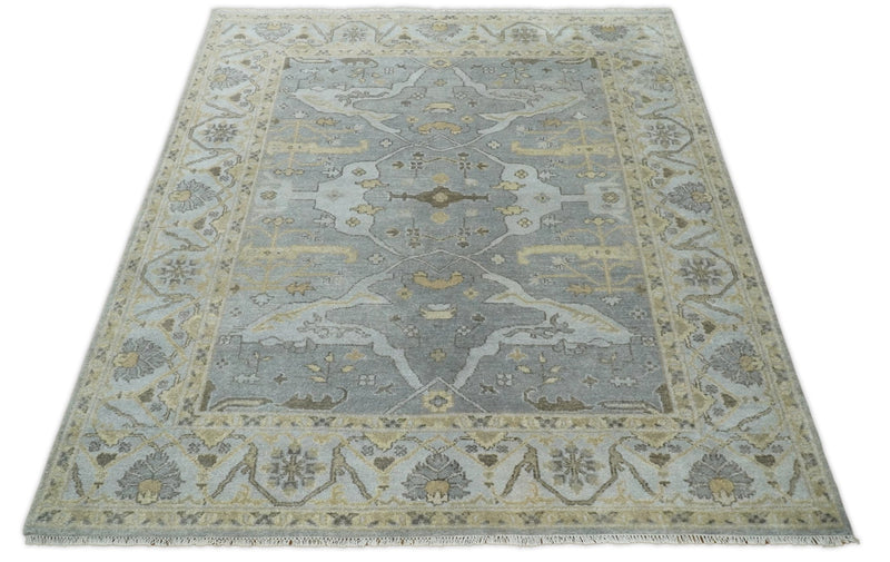 Hand Knotted Persian Oushak 8x10 Blue and Beige Large Wool Area Rug | TRDCP214810 - The Rug Decor