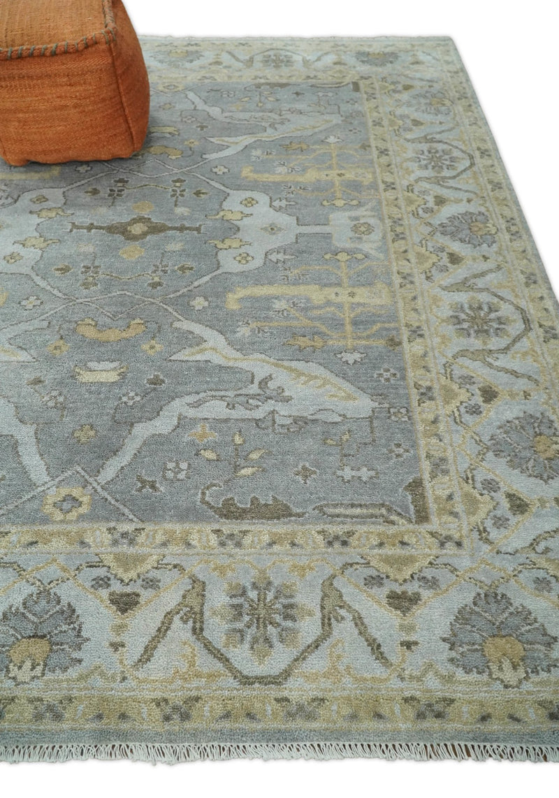 Hand Knotted Persian Oushak 8x10 Blue and Beige Large Wool Area Rug | TRDCP214810 - The Rug Decor