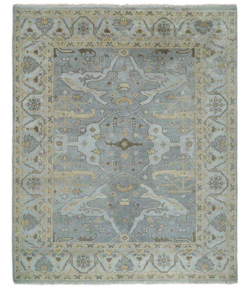 Hand Knotted Persian Oushak 8x10 Blue and Beige Large Wool Area Rug | TRDCP214810 - The Rug Decor