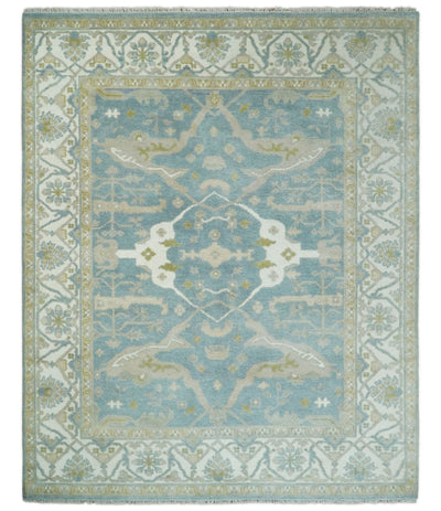 Hand Knotted Persian Oushak 8x10 Blue and Beige Large Wool Area Rug | TRDCP218810 - The Rug Decor