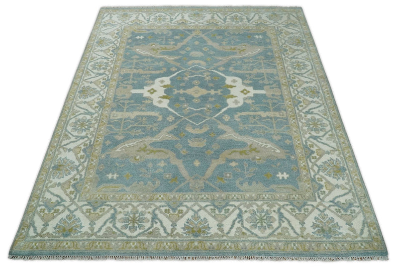 Hand Knotted Persian Oushak 8x10 Blue and Beige Large Wool Area Rug | TRDCP218810 - The Rug Decor