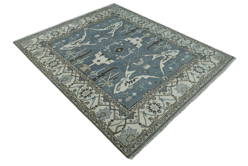 Hand Knotted Persian Oushak 8x10 Blue and Beige Large Wool Area Rug | TRDCP225810 - The Rug Decor