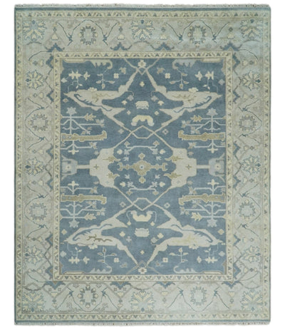 Hand Knotted Persian Oushak 8x10 Blue and Beige Large Wool Area Rug | TRDCP233810 - The Rug Decor