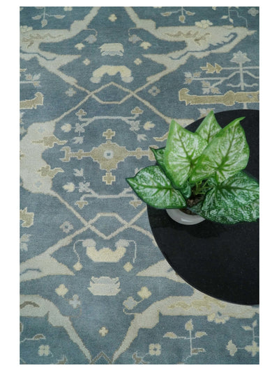 Hand Knotted Persian Oushak 8x10 Blue and Beige Large Wool Area Rug | TRDCP233810 - The Rug Decor