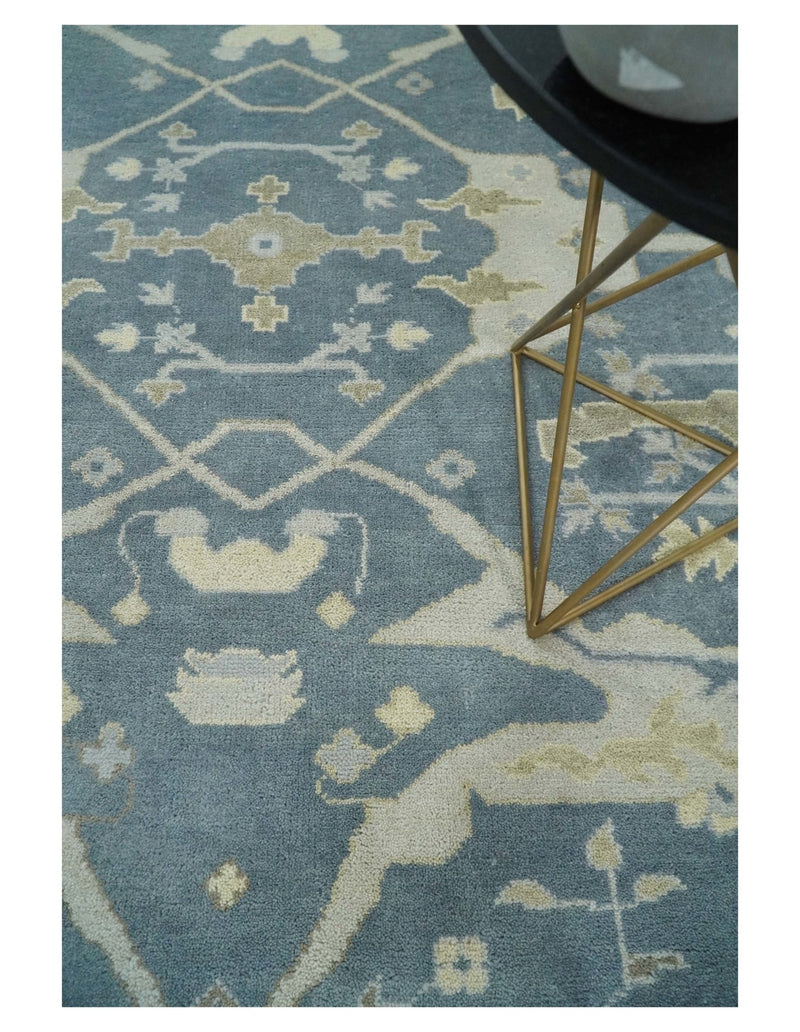 Hand Knotted Persian Oushak 8x10 Blue and Beige Large Wool Area Rug | TRDCP233810 - The Rug Decor