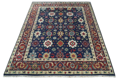 Hand Knotted Persian Oushak 8x10 Blue and Rust Large Wool Area Rug | TRDCP391810 - The Rug Decor